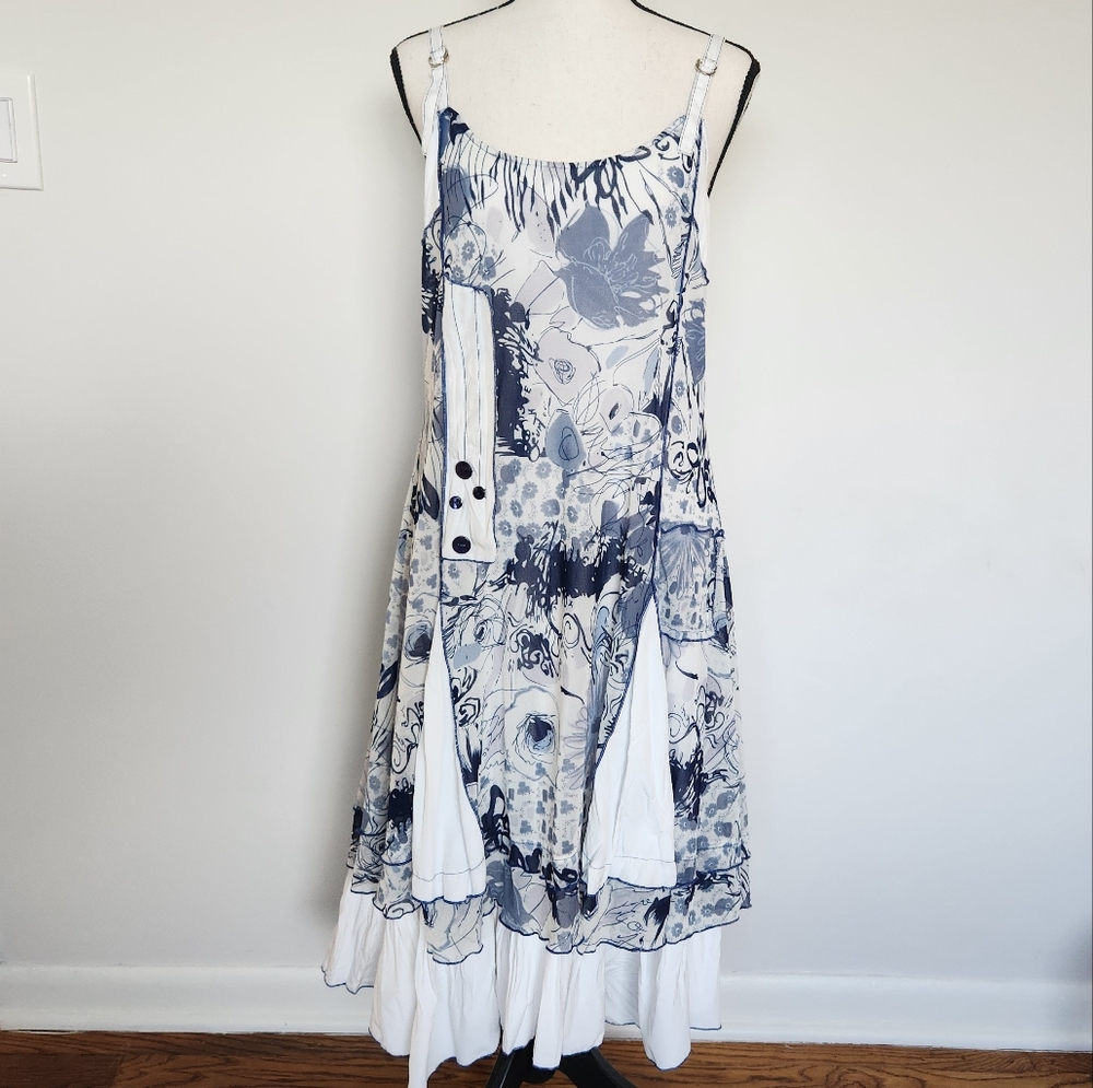Lan Vie Blue & White Mixed Media Flowy Floral Dress Adjustable Straps Size M